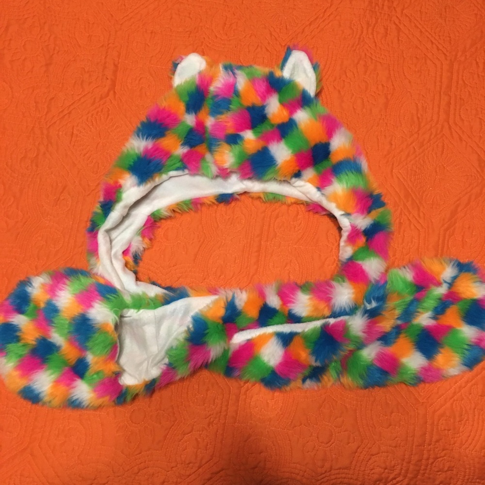 Fluffy Rainbow Rave Muffler Cat Ear Hat